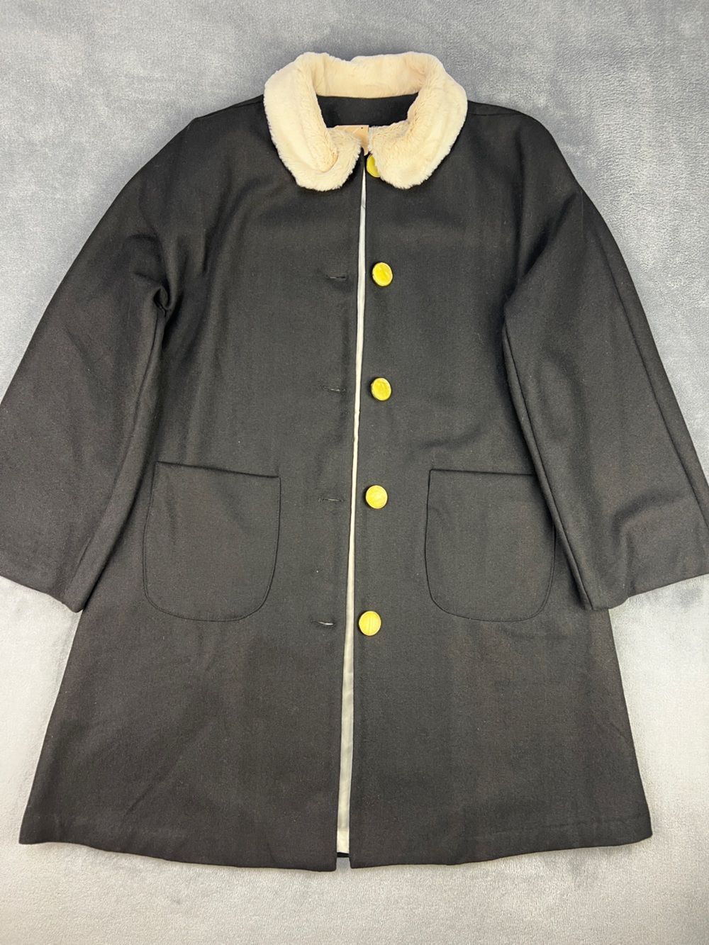 Vintage 1940-50s Carin Wester Wool Coat w/ Fur Collar Black Trench Pearl Buttons